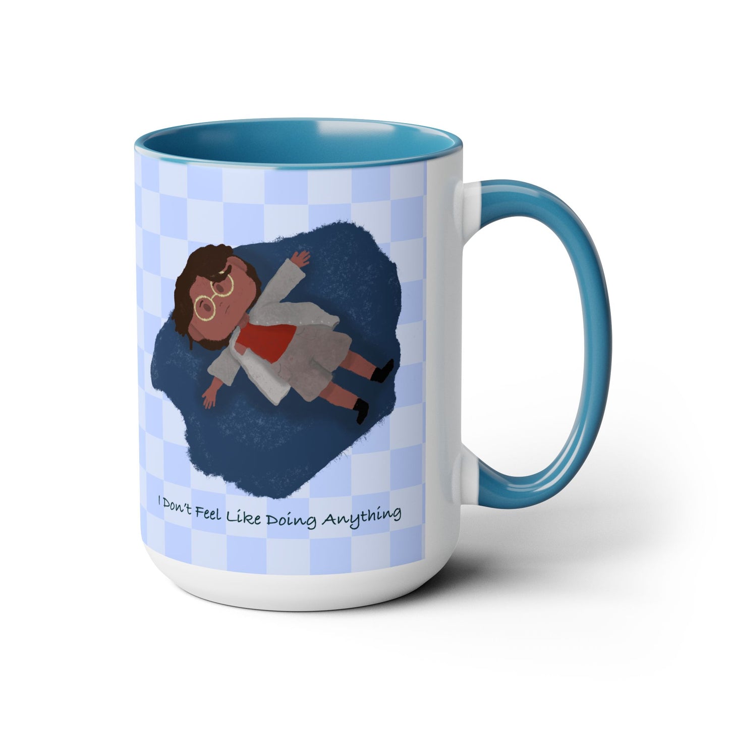 illustration of tired black girl/women, blue, Checker pattern, kawaii, cute, blue Two-Tone Coffee Mugs, Tea cups, 15oz