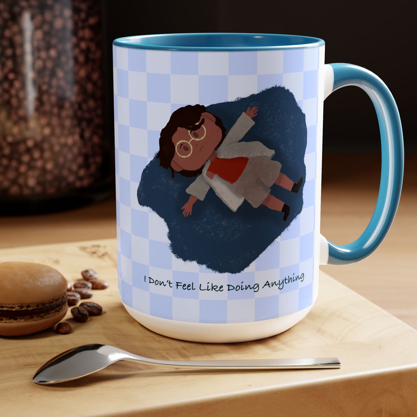 illustration of tired black girl/women, blue, Checker pattern, kawaii, cute, blue Two-Tone Coffee Mugs, Tea cups, 15oz