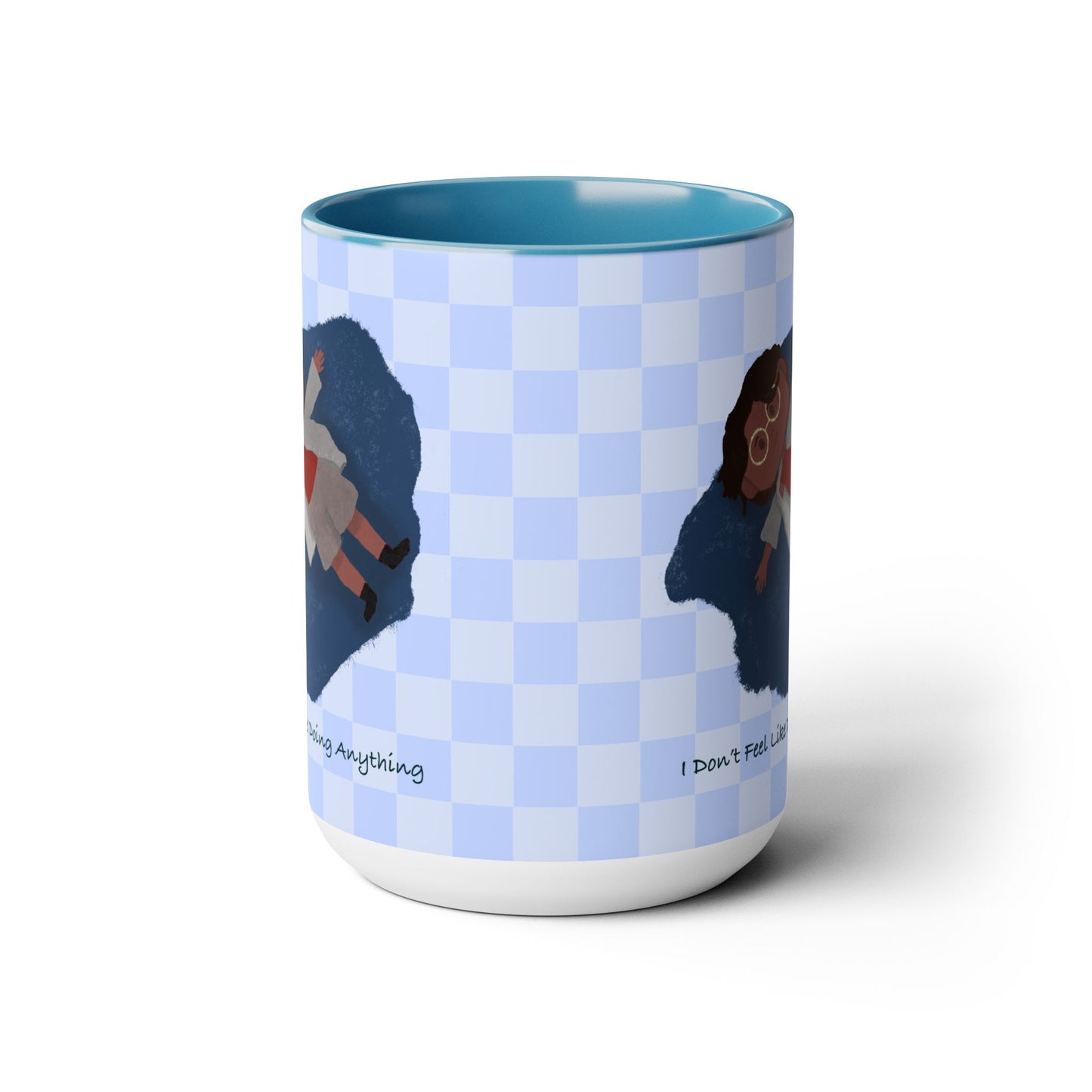 illustration of tired black girl/women, blue, Checker pattern, kawaii, cute, blue Two-Tone Coffee Mugs, Tea cups, 15oz