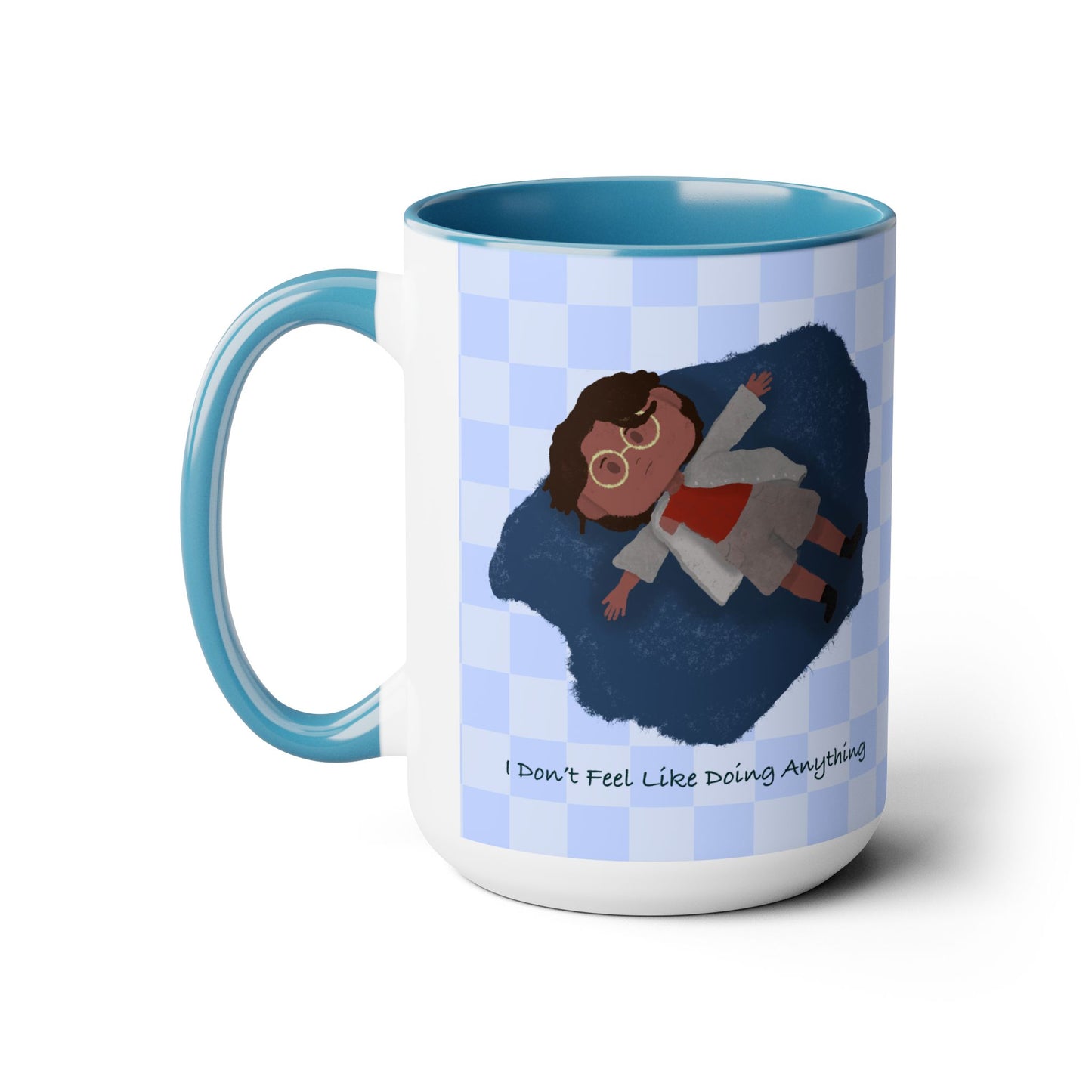 illustration of tired black girl/women, blue, Checker pattern, kawaii, cute, blue Two-Tone Coffee Mugs, Tea cups, 15oz