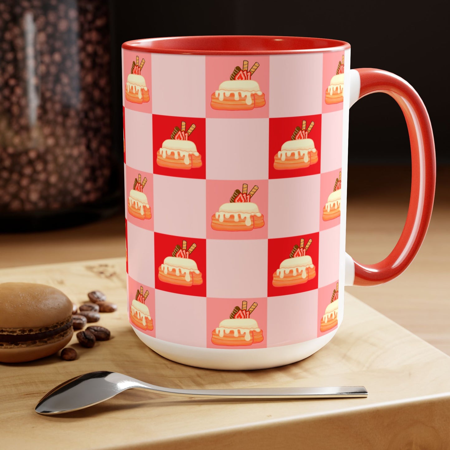 Cinnamon roll, strawberry, chocolate, kawaii, picnic blanket pattern, cute, Red, pink Two-Tone Coffee Mugs, Tea cups, 15oz