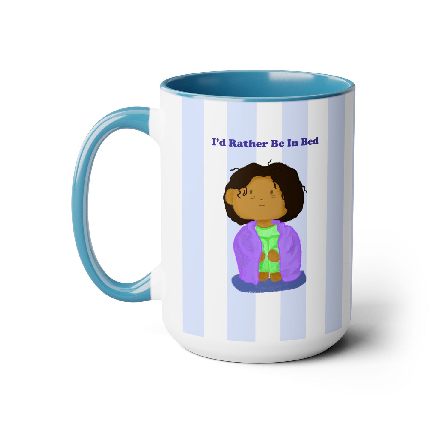 illustration of sad tired black girl/women, pajamas, ready for bed, sleepy, blue, strip pattern, kawaii, cute, blue Two-Tone Coffee Mugs, Tea cups, 15oz