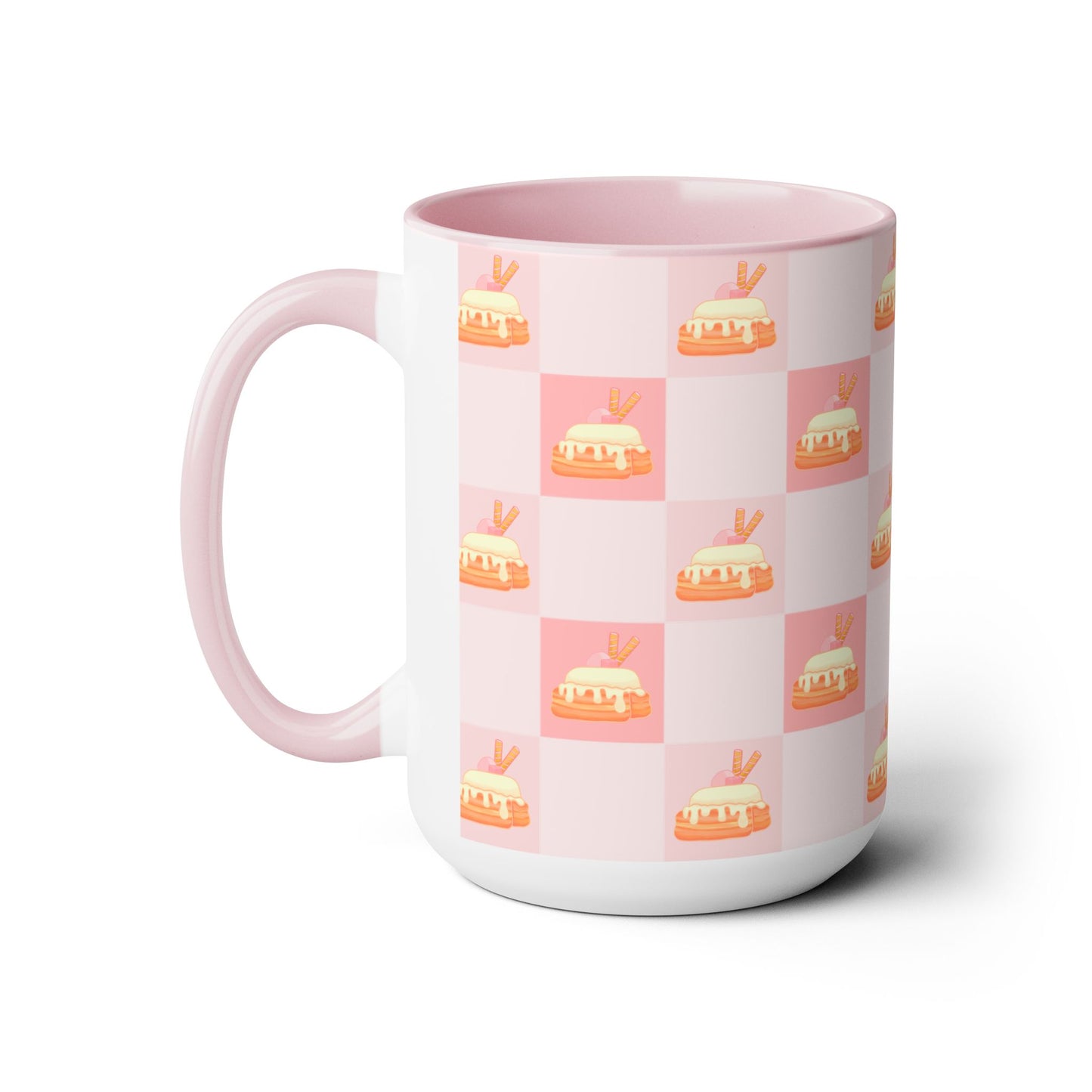 Cinnamon roll, strawberry, kawaii, picnic blanket pattern, cute, pink Two-Tone Coffee Mugs, Tea cups, 15oz