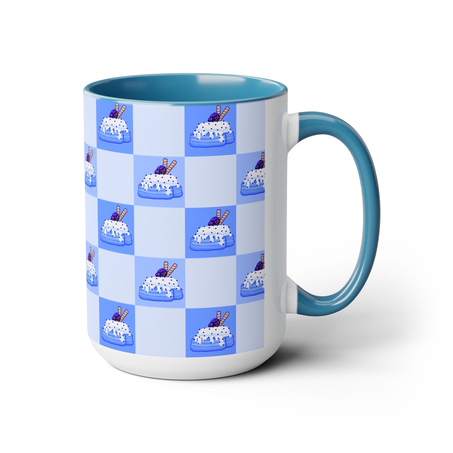 Cinnamon roll, Blueberry, kawaii, picnic blanket pattern, cute, blue Two-Tone Coffee Mugs, Tea cups, 15oz