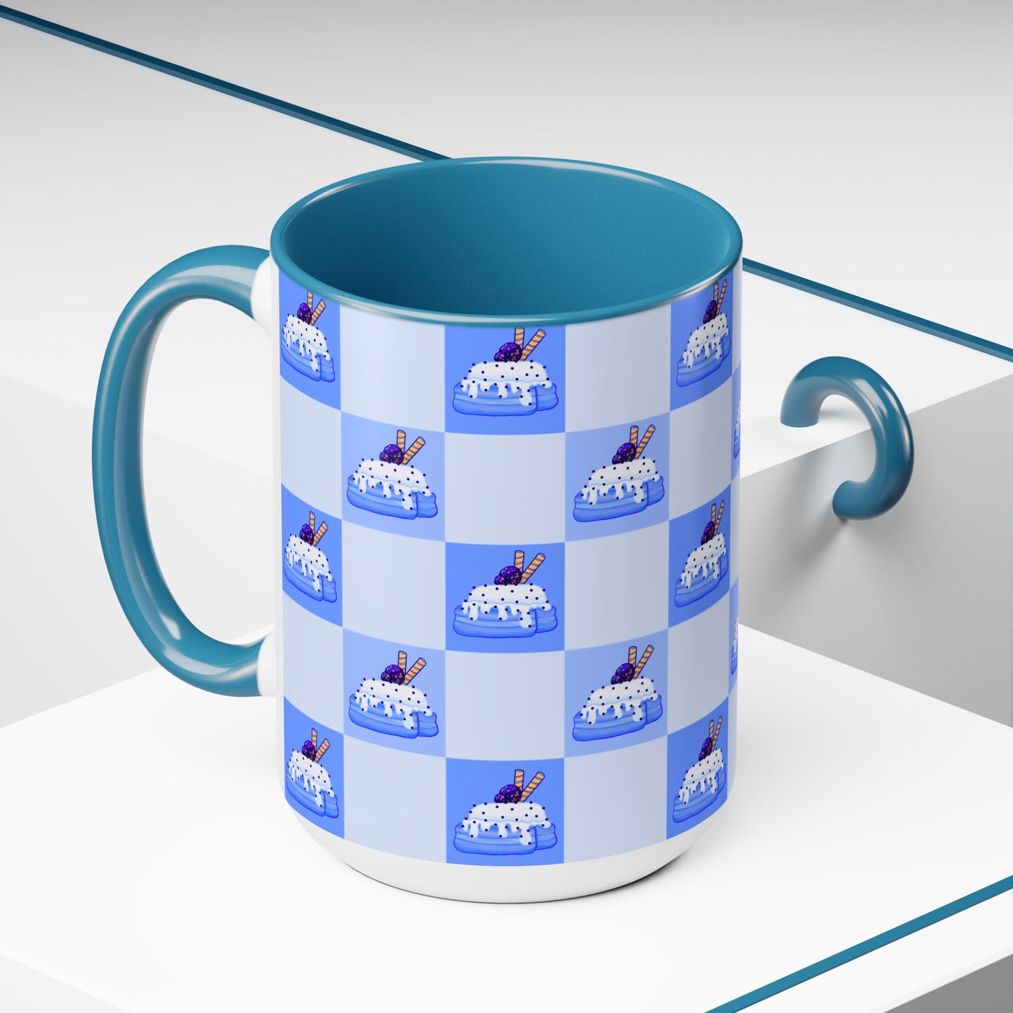 Cinnamon roll, Blueberry, kawaii, picnic blanket pattern, cute, blue Two-Tone Coffee Mugs, Tea cups, 15oz