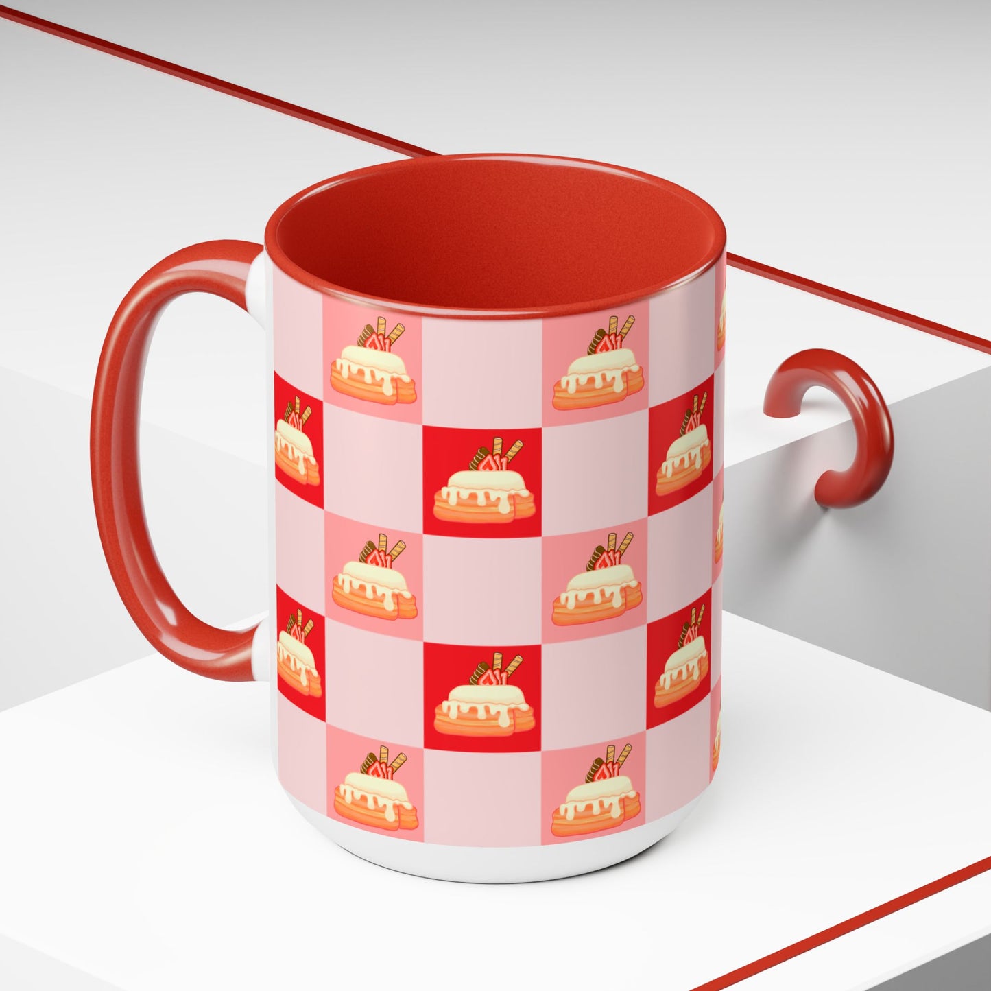 Cinnamon roll, strawberry, chocolate, kawaii, picnic blanket pattern, cute, Red, pink Two-Tone Coffee Mugs, Tea cups, 15oz