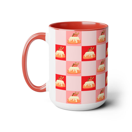 Cinnamon roll, strawberry, chocolate, kawaii, picnic blanket pattern, cute, Red, pink Two-Tone Coffee Mugs, Tea cups, 15oz