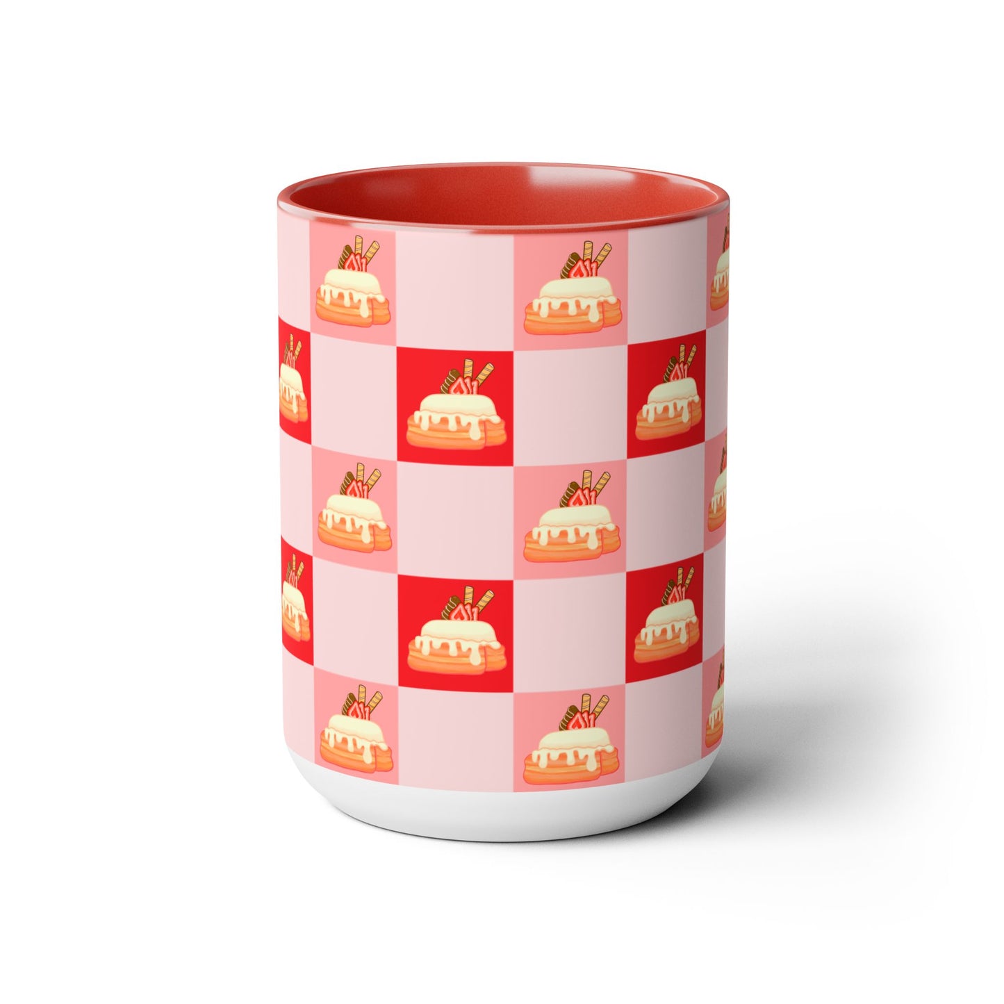 Cinnamon roll, strawberry, chocolate, kawaii, picnic blanket pattern, cute, Red, pink Two-Tone Coffee Mugs, Tea cups, 15oz