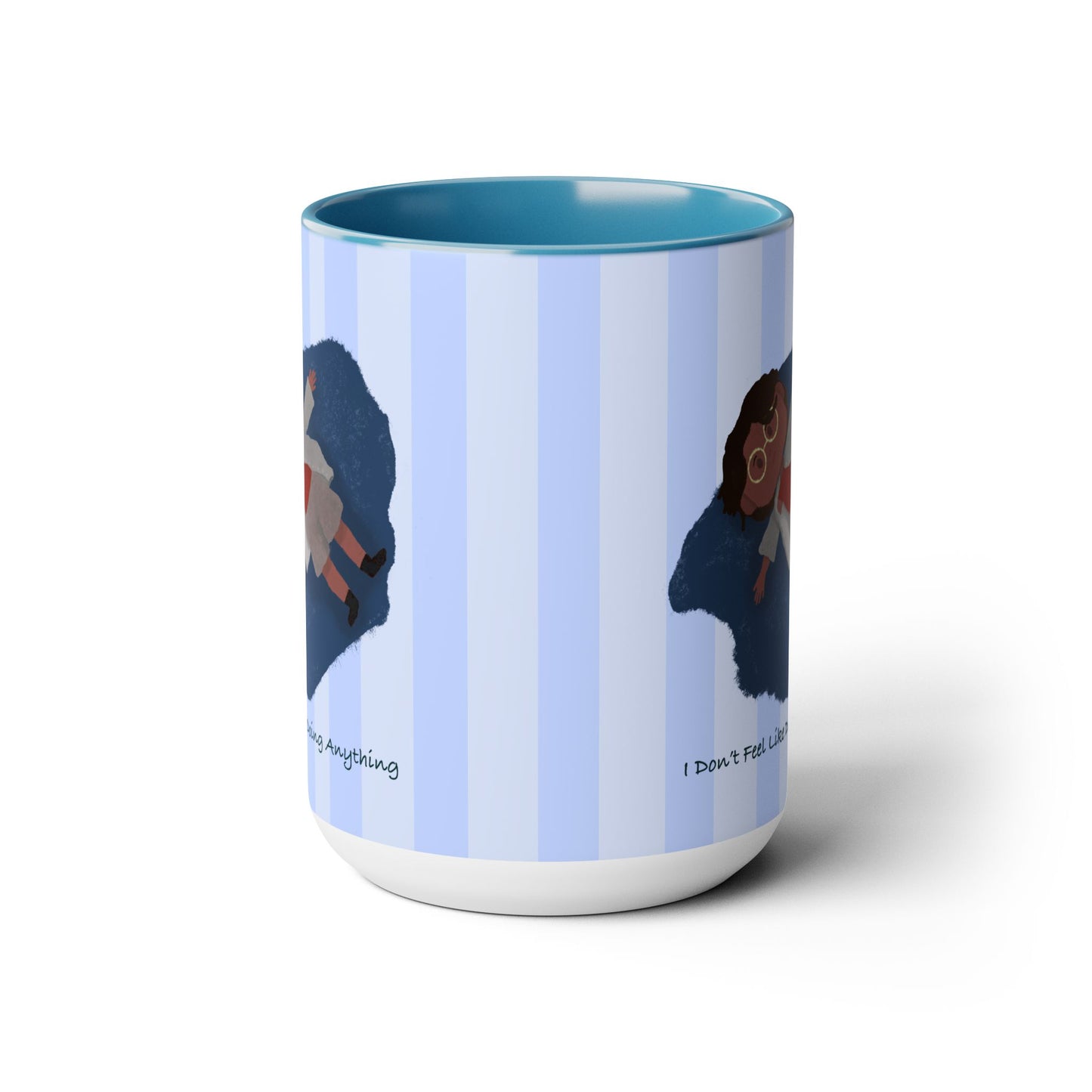 illustration of tired black girl/women, blue, strip pattern, kawaii, cute, blue Two-Tone Coffee Mugs, Tea cups, 15oz