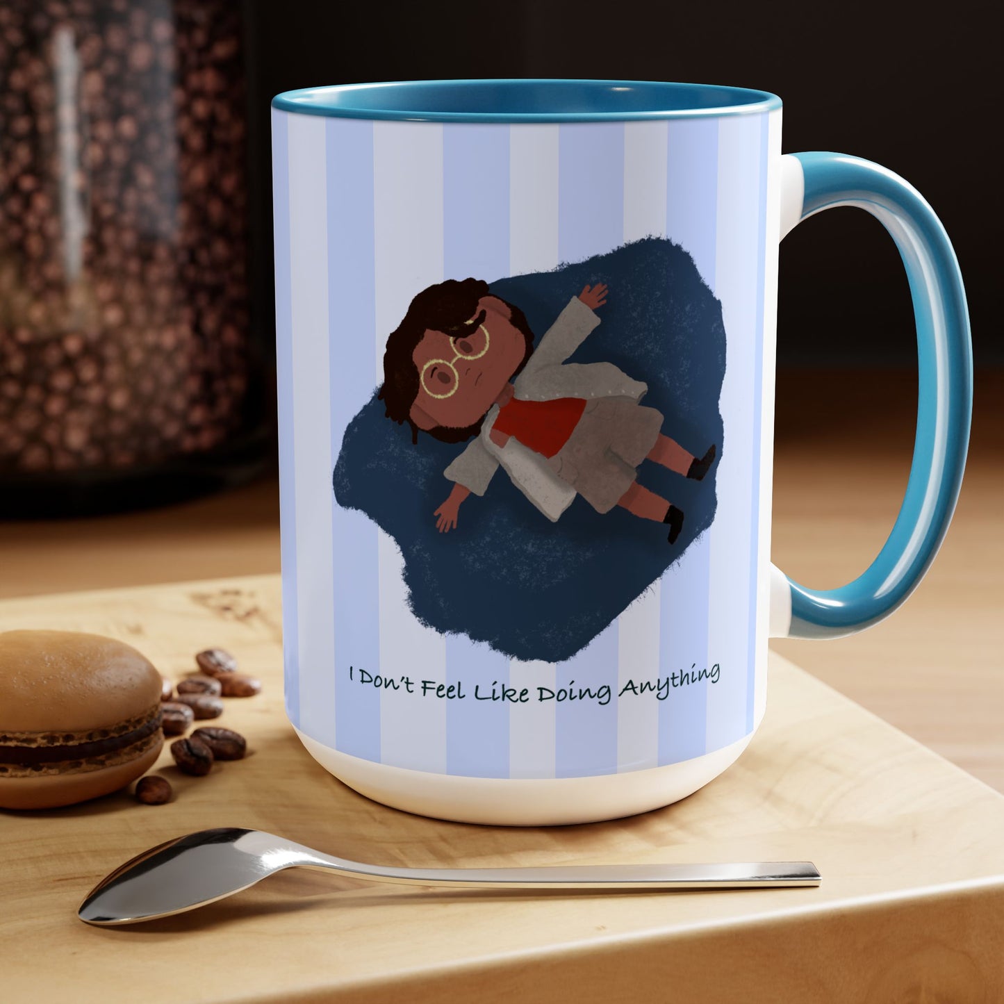 illustration of tired black girl/women, blue, strip pattern, kawaii, cute, blue Two-Tone Coffee Mugs, Tea cups, 15oz