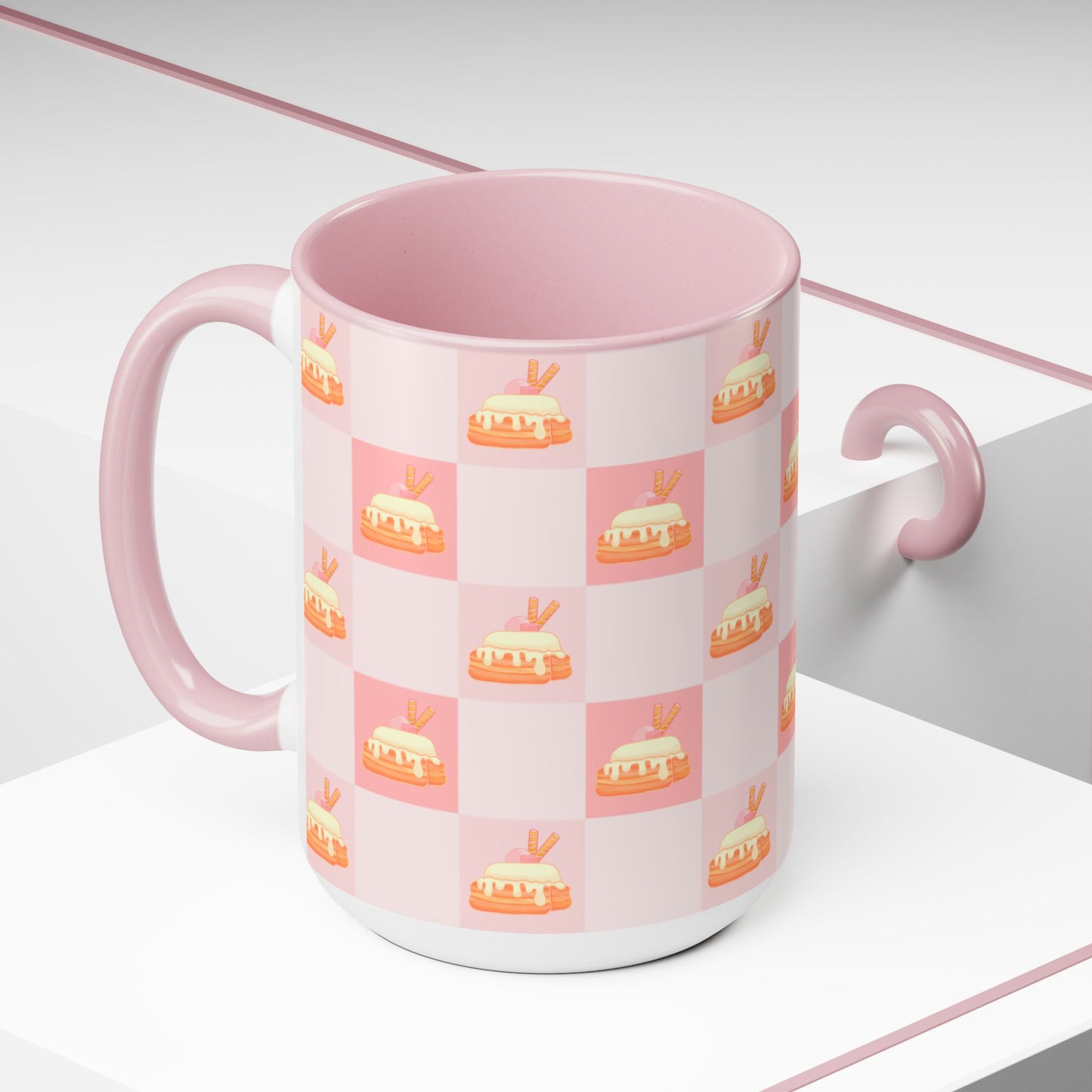 Cinnamon roll, strawberry, kawaii, picnic blanket pattern, cute, pink Two-Tone Coffee Mugs, Tea cups, 15oz