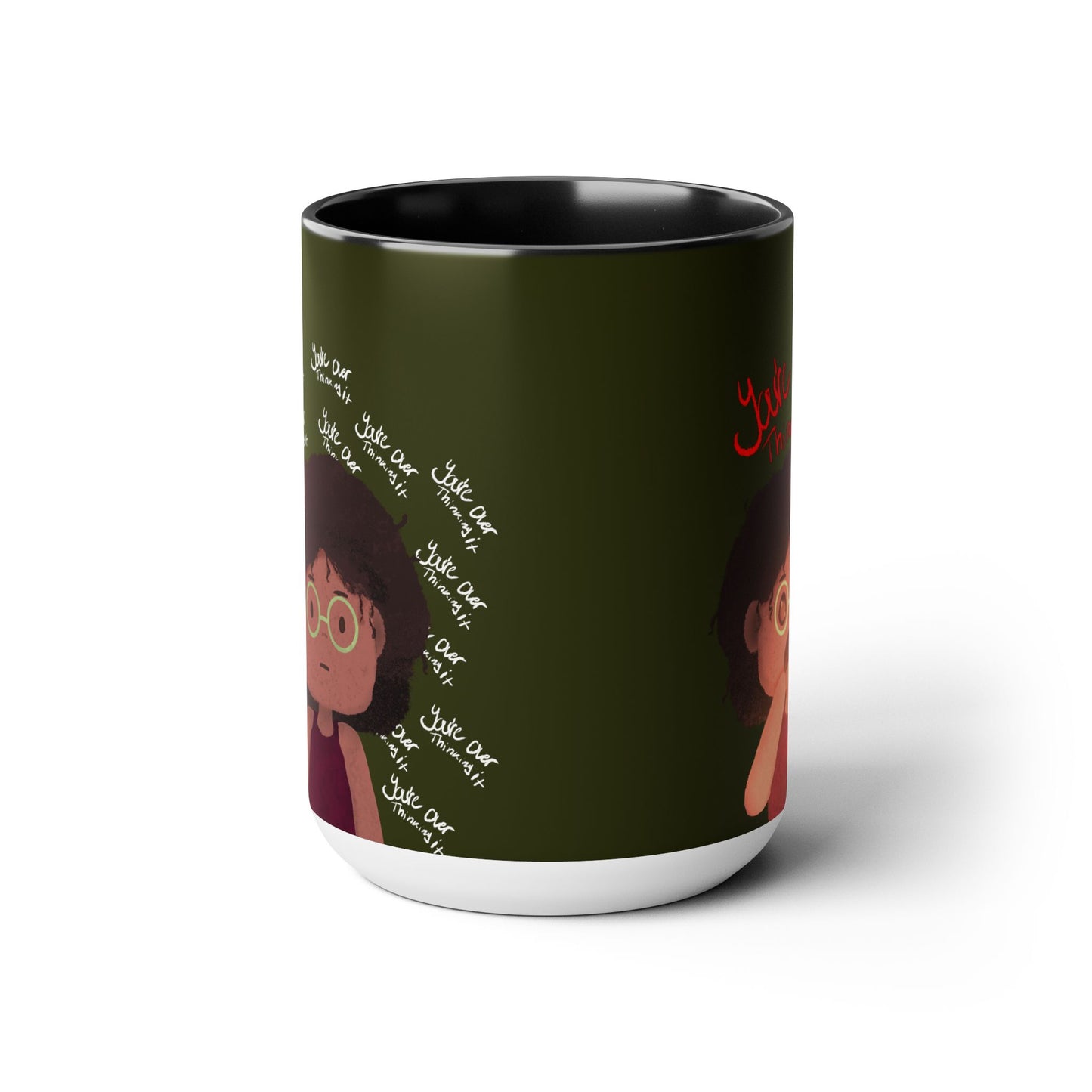 Black girl, mental health, kawaii, overthinking, cute, forest green Two-Tone Coffee Mugs, Tea cups, 15oz