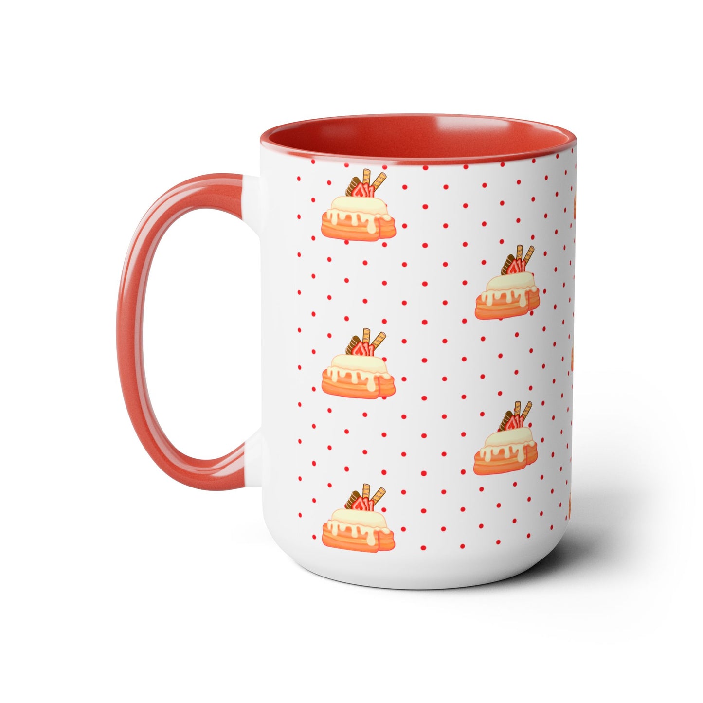 Cinnamon roll, strawberry, chocolate, kawaii, cute, Red, pink Two-Tone Coffee Mugs, Tea cups, poke a dot, 15oz