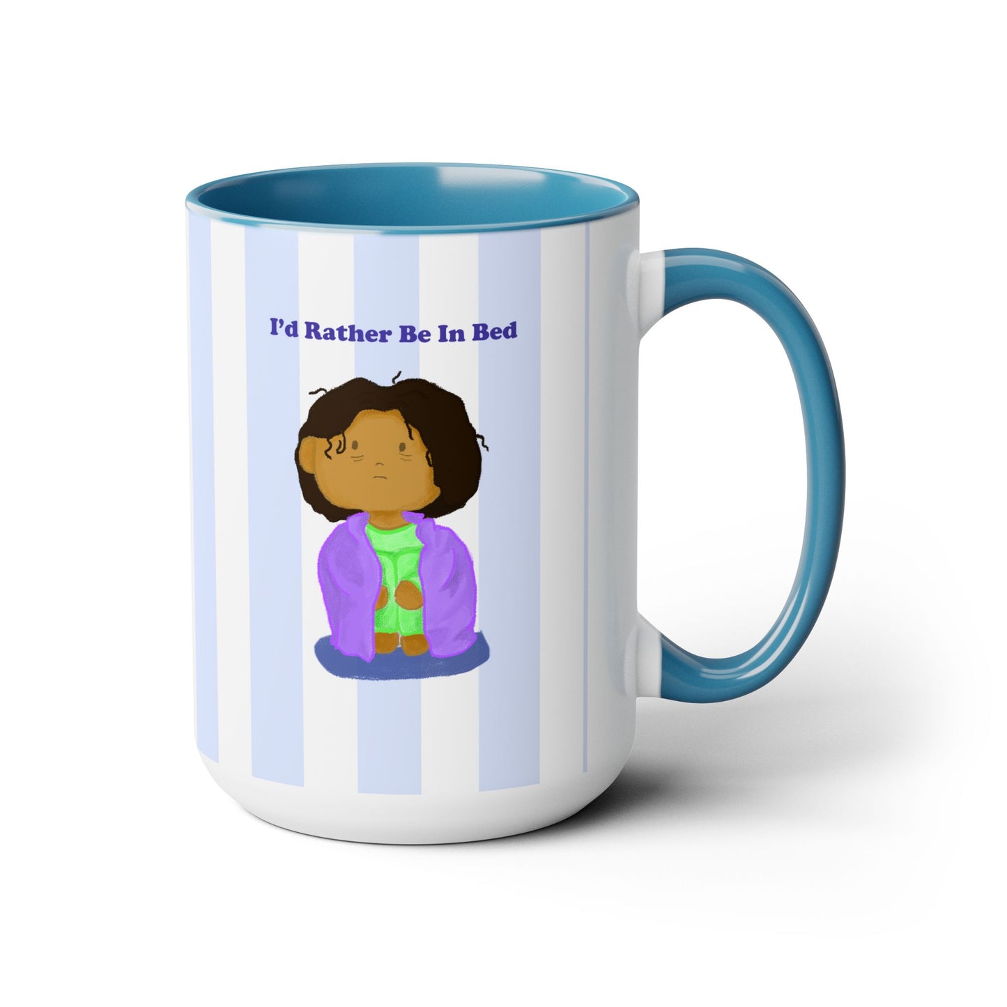 illustration of sad tired black girl/women, pajamas, ready for bed, sleepy, blue, strip pattern, kawaii, cute, blue Two-Tone Coffee Mugs, Tea cups, 15oz