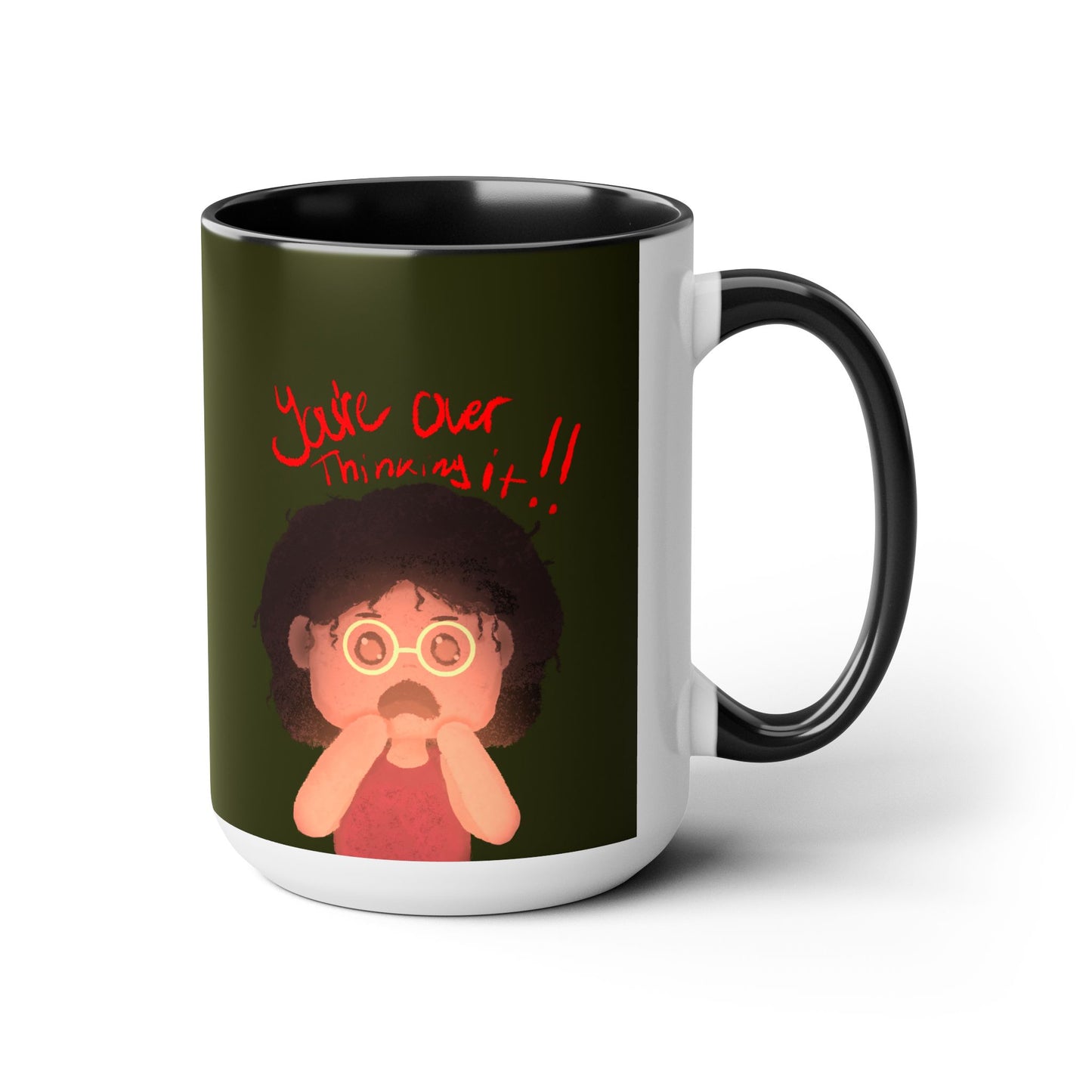 Black girl, mental health, kawaii, overthinking, cute, forest green Two-Tone Coffee Mugs, Tea cups, 15oz