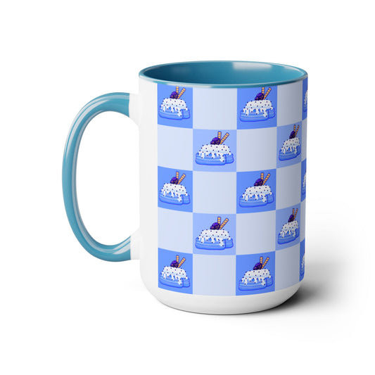 Cinnamon roll, Blueberry, kawaii, picnic blanket pattern, cute, blue Two-Tone Coffee Mugs, Tea cups, 15oz