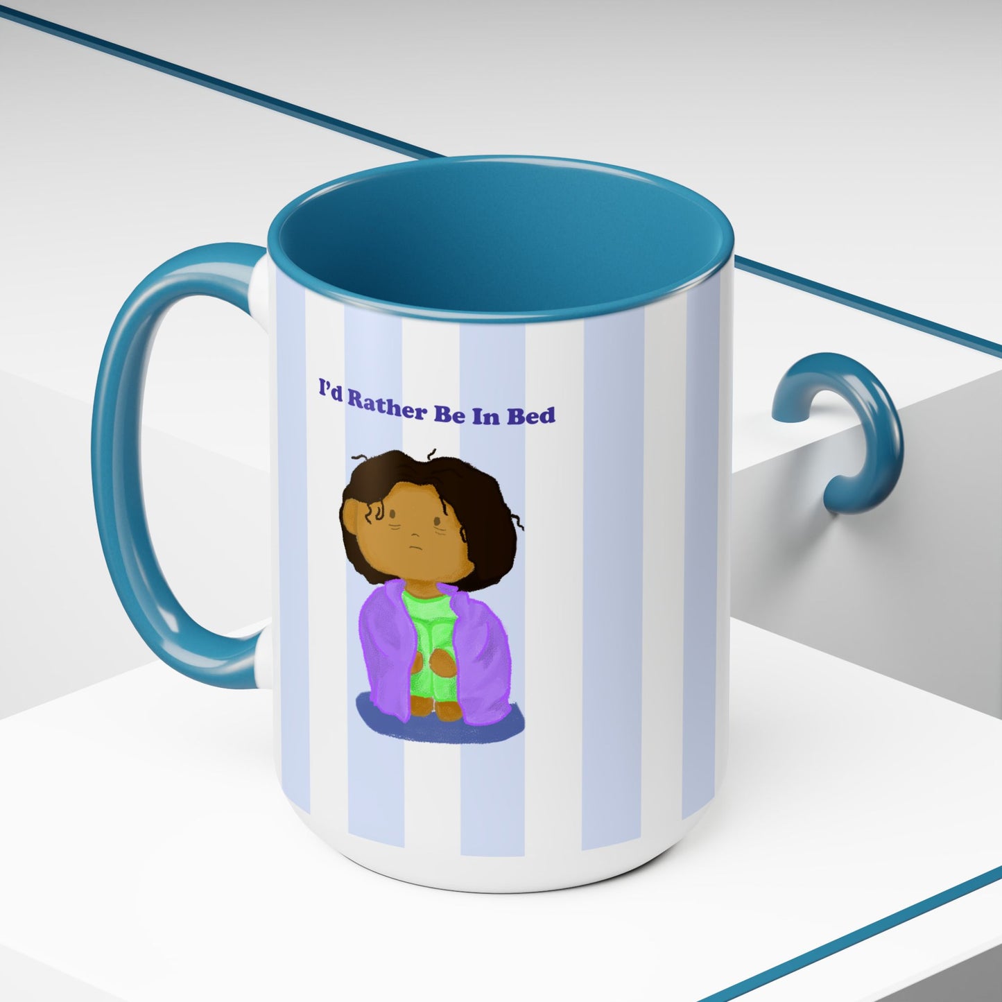 illustration of sad tired black girl/women, pajamas, ready for bed, sleepy, blue, strip pattern, kawaii, cute, blue Two-Tone Coffee Mugs, Tea cups, 15oz