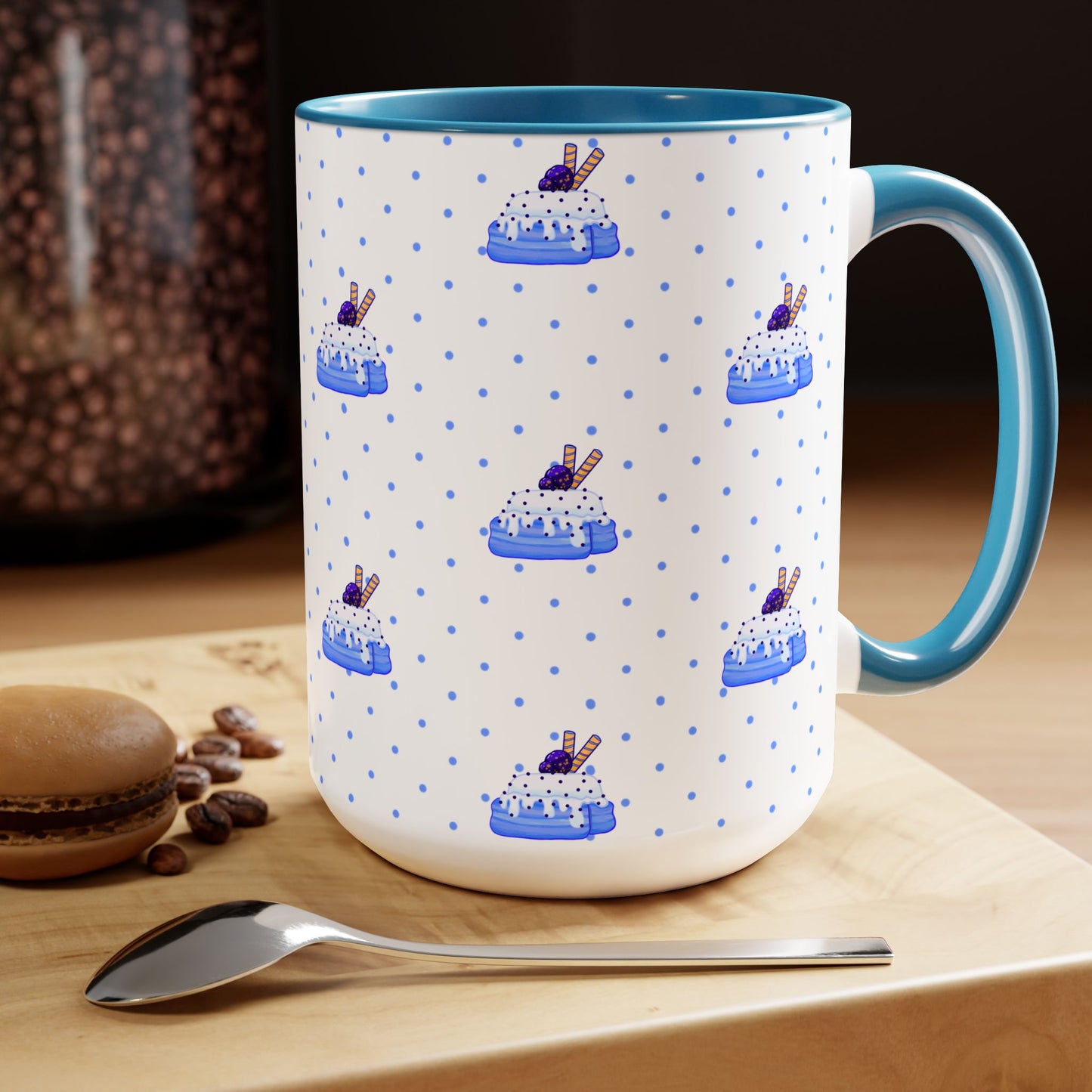 Copy of Cinnamon roll, Blueberry, kawaii, cute, blue Two-Tone Coffee Mugs, Tea cups, poke a dot, 15oz