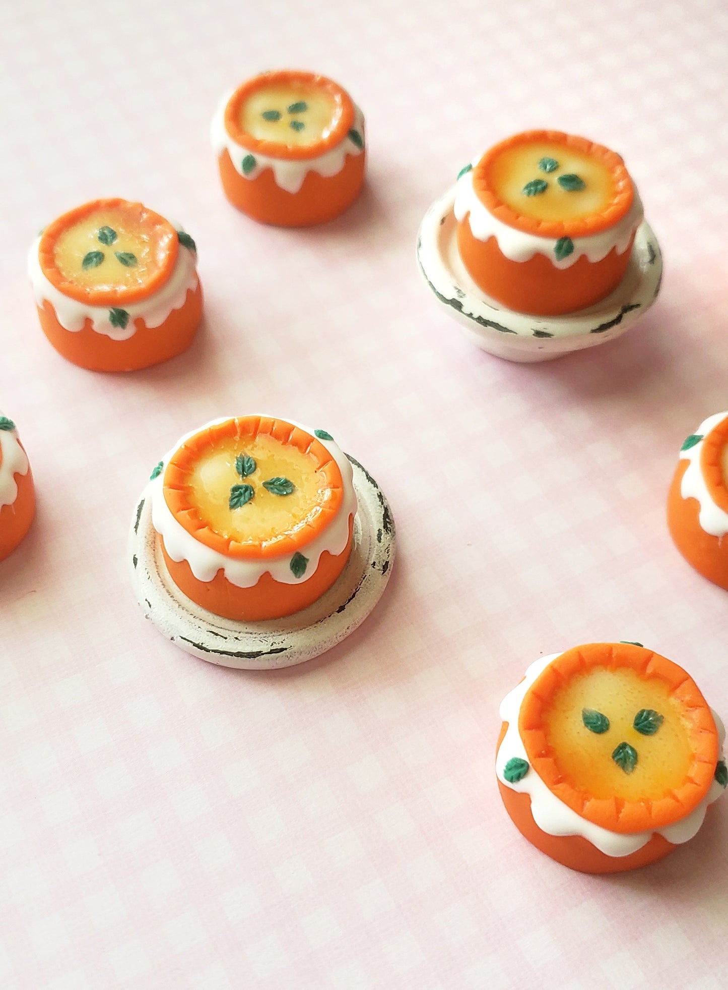 Miniature polymer clay cakes, orange iced polymer clay cakes, miniature food, mini fake cakes, tiny cakes, dollhouse accessories