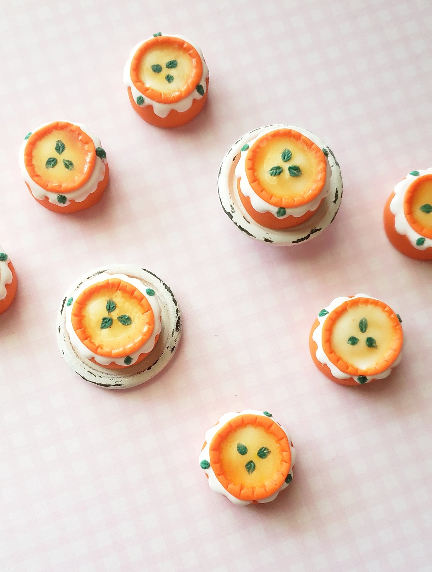 Miniature polymer clay cakes, orange iced polymer clay cakes, miniature food, mini fake cakes, tiny cakes, dollhouse accessories