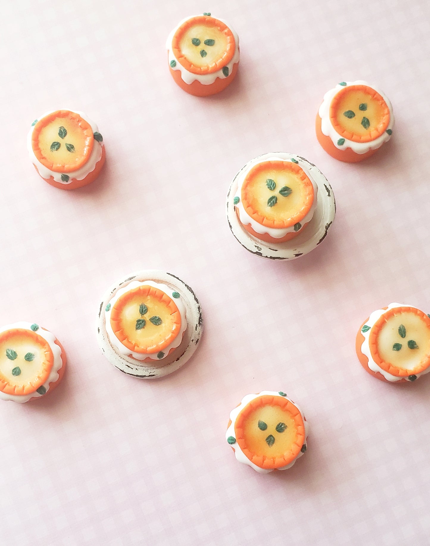 Miniature polymer clay cakes, orange iced polymer clay cakes, miniature food, mini fake cakes, tiny cakes, dollhouse accessories