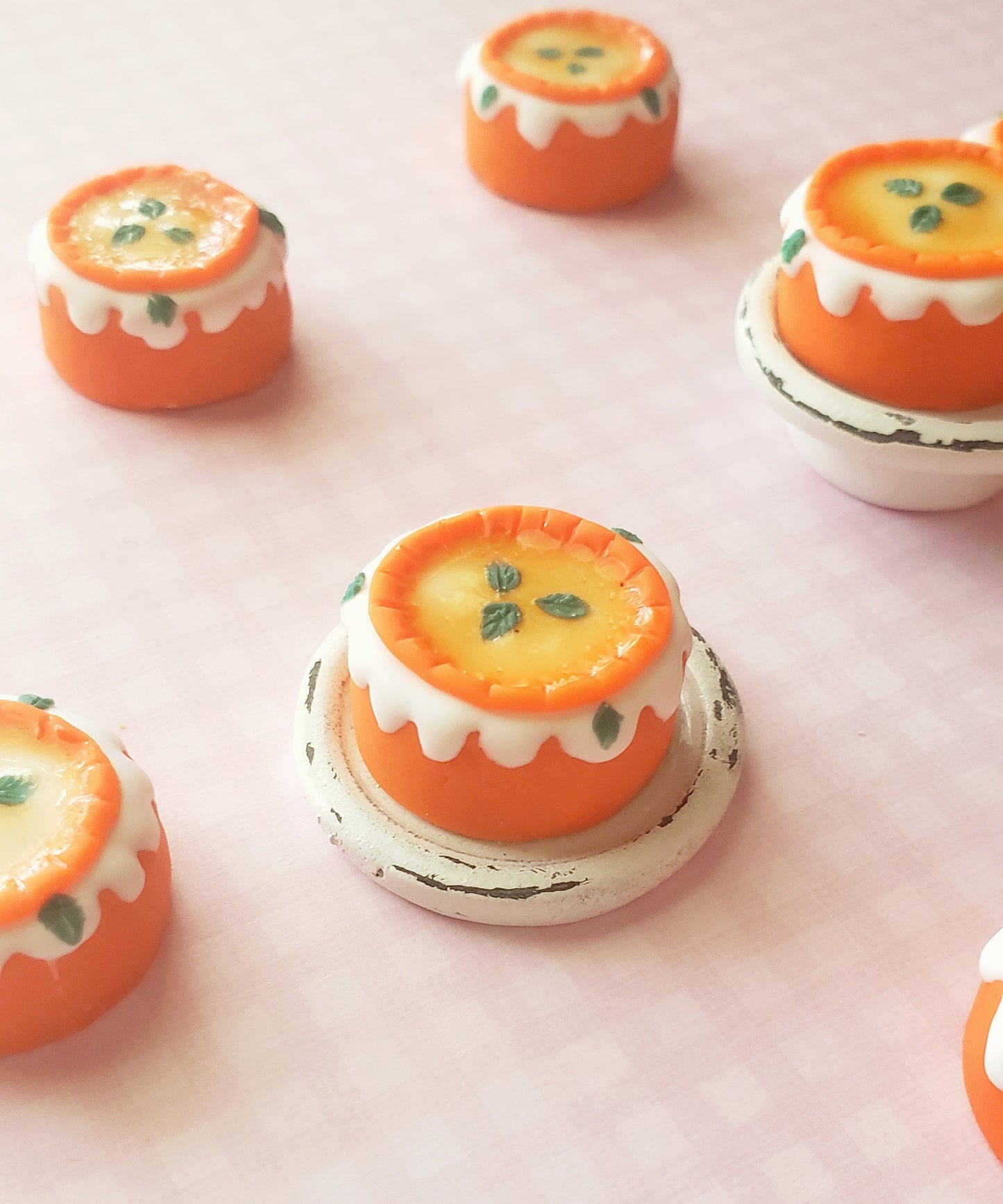 Miniature polymer clay cakes, orange iced polymer clay cakes, miniature food, mini fake cakes, tiny cakes, dollhouse accessories