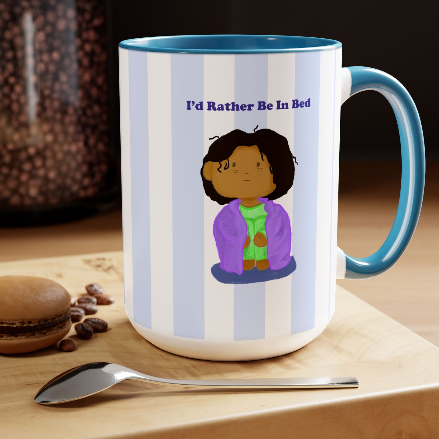 illustration of sad tired black girl/women, pajamas, ready for bed, sleepy, blue, strip pattern, kawaii, cute, blue Two-Tone Coffee Mugs, Tea cups, 15oz