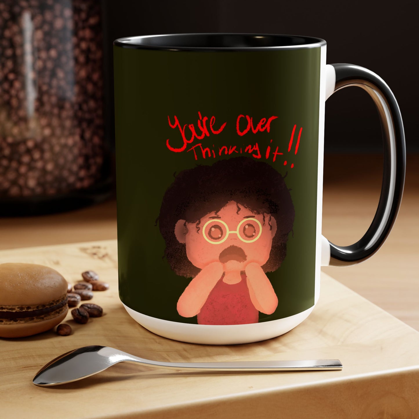 Black girl, mental health, kawaii, overthinking, cute, forest green Two-Tone Coffee Mugs, Tea cups, 15oz