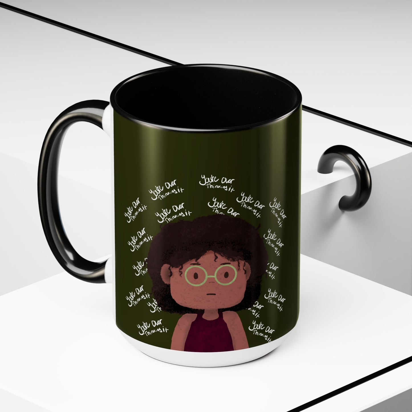 Black girl, mental health, kawaii, overthinking, cute, forest green Two-Tone Coffee Mugs, Tea cups, 15oz