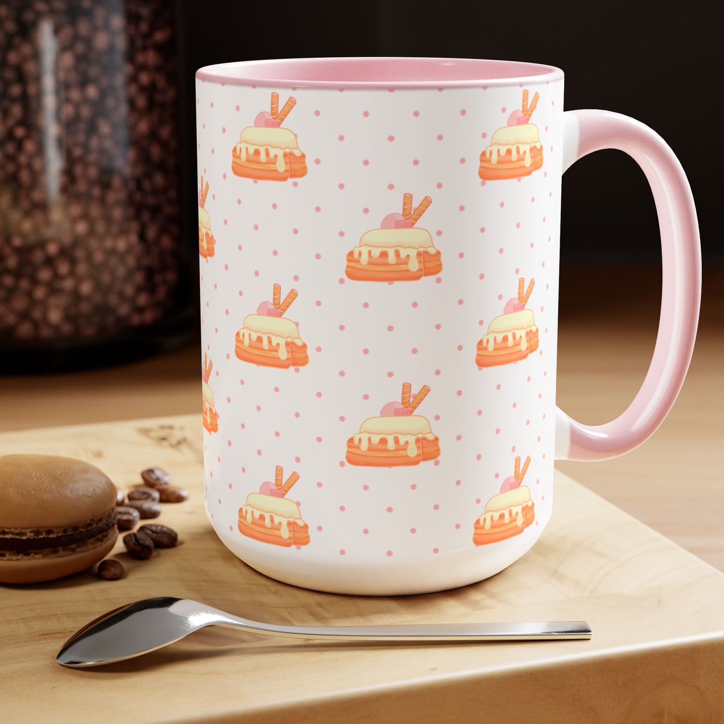 Copy of Cinnamon roll, strawberry, kawaii, cute, pink Two-Tone Coffee Mugs, Tea cups, poke a dot, 15oz