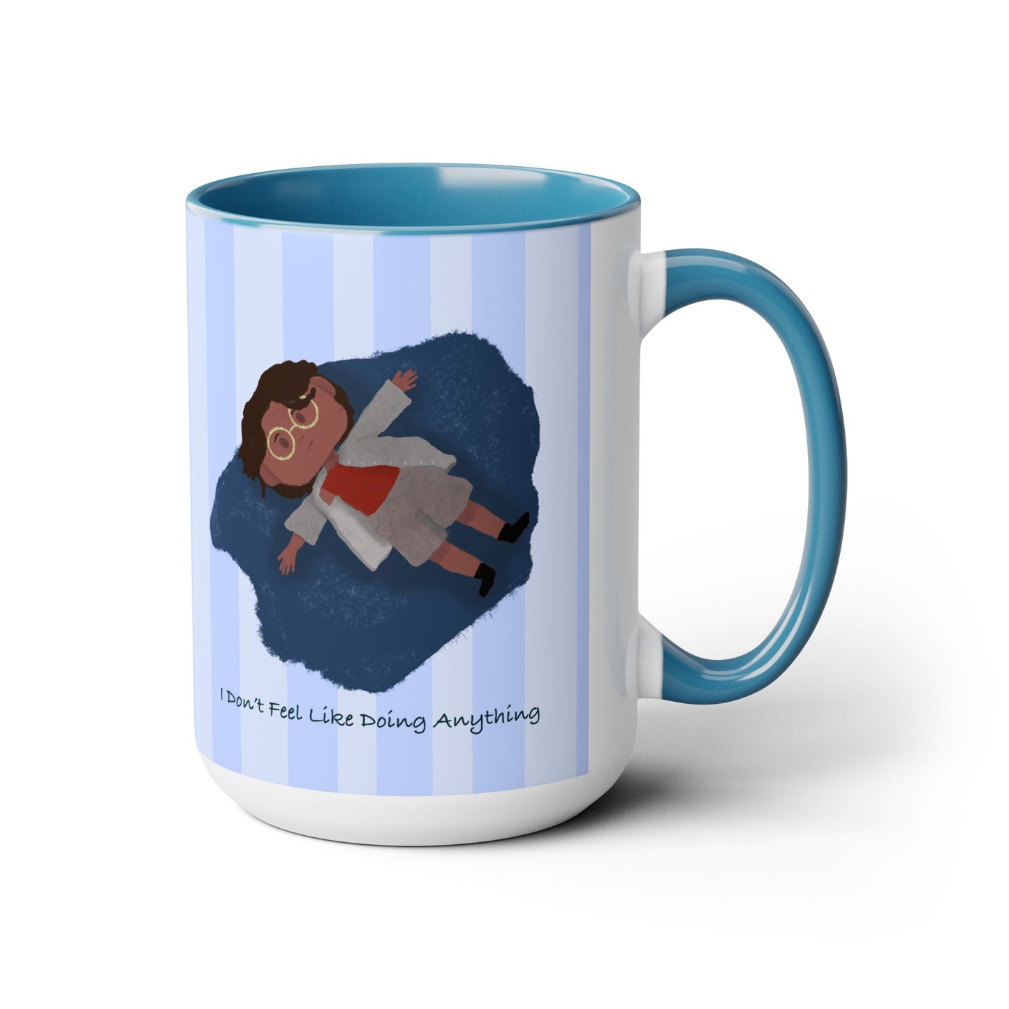 illustration of tired black girl/women, blue, strip pattern, kawaii, cute, blue Two-Tone Coffee Mugs, Tea cups, 15oz