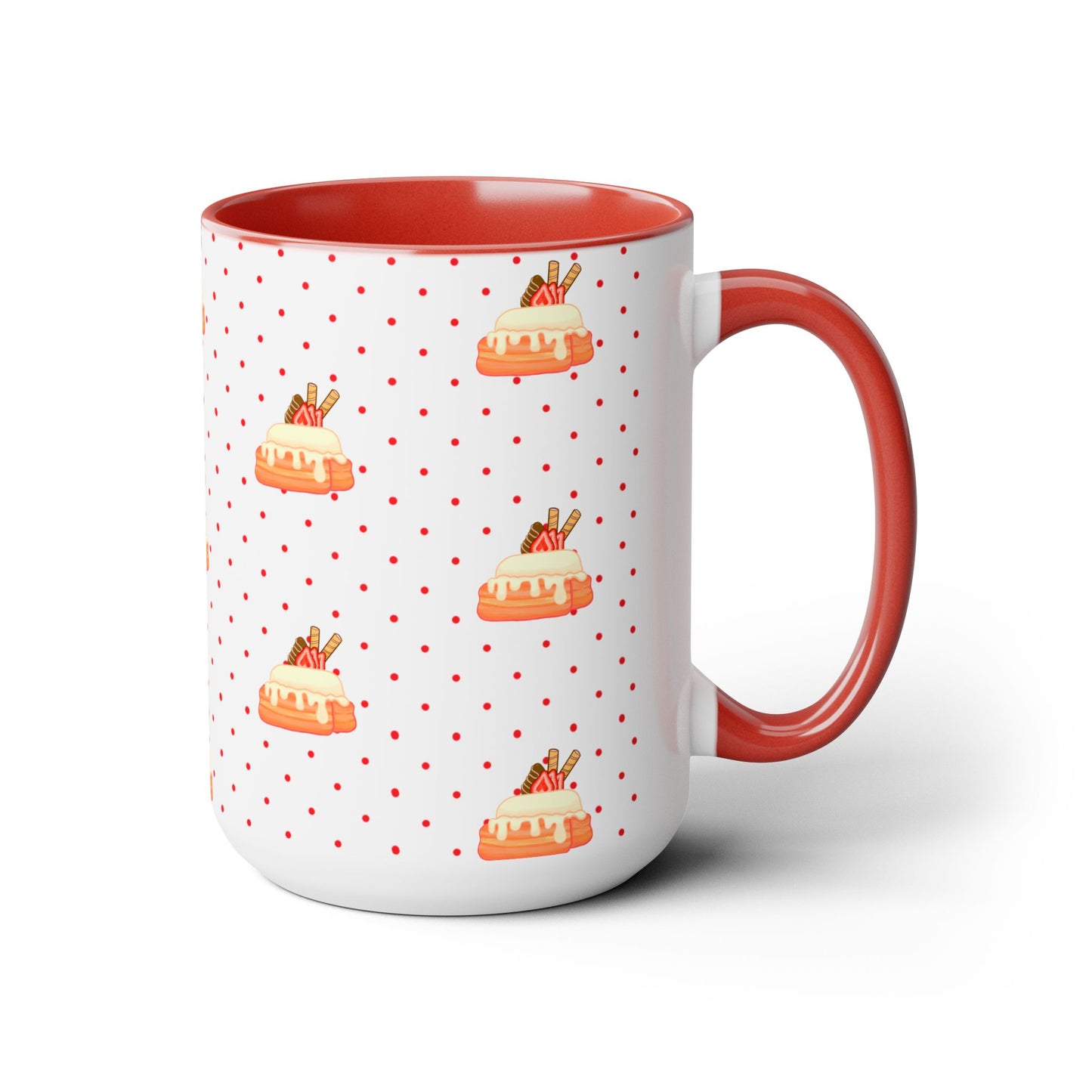 Cinnamon roll, strawberry, chocolate, kawaii, cute, Red, pink Two-Tone Coffee Mugs, Tea cups, poke a dot, 15oz