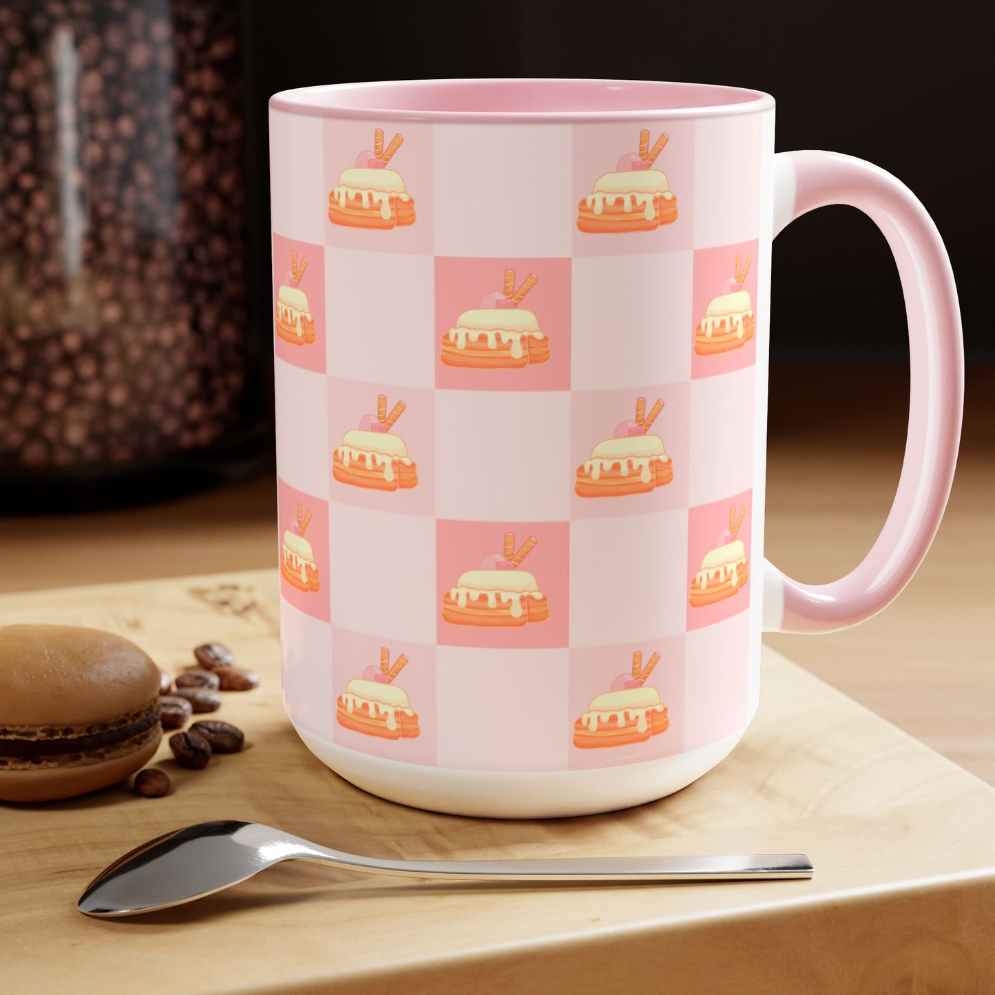 Cinnamon roll, strawberry, kawaii, picnic blanket pattern, cute, pink Two-Tone Coffee Mugs, Tea cups, 15oz