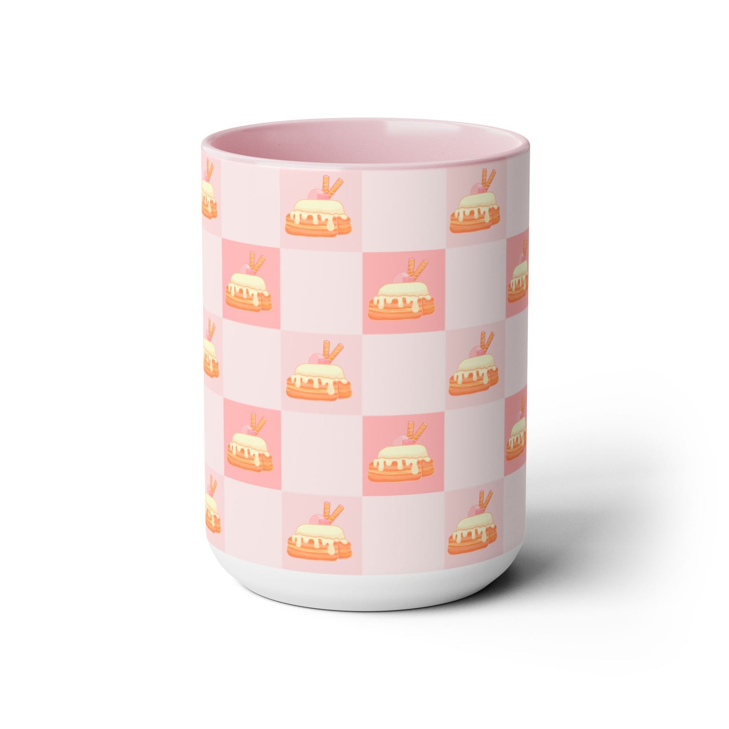 Cinnamon roll, strawberry, kawaii, picnic blanket pattern, cute, pink Two-Tone Coffee Mugs, Tea cups, 15oz