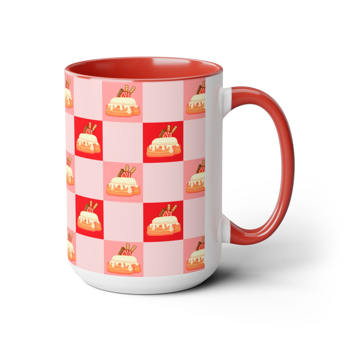 Cinnamon roll, strawberry, chocolate, kawaii, picnic blanket pattern, cute, Red, pink Two-Tone Coffee Mugs, Tea cups, 15oz