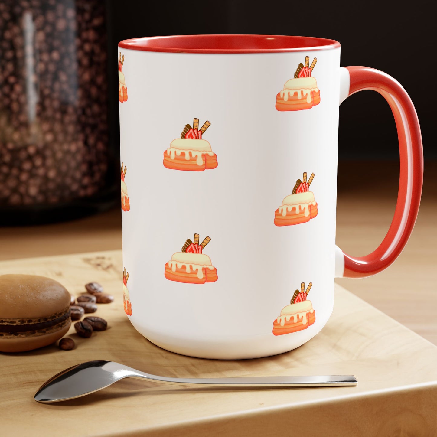 Cinnamon roll, strawberry, chocolate, kawaii, cute, Red, pink Two-Tone Coffee Mugs, Tea cups, 15oz