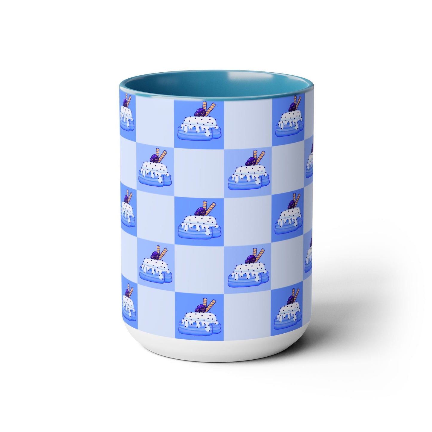 Cinnamon roll, Blueberry, kawaii, picnic blanket pattern, cute, blue Two-Tone Coffee Mugs, Tea cups, 15oz