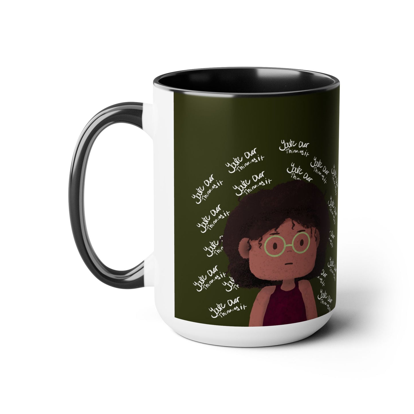 Black girl, mental health, kawaii, overthinking, cute, forest green Two-Tone Coffee Mugs, Tea cups, 15oz