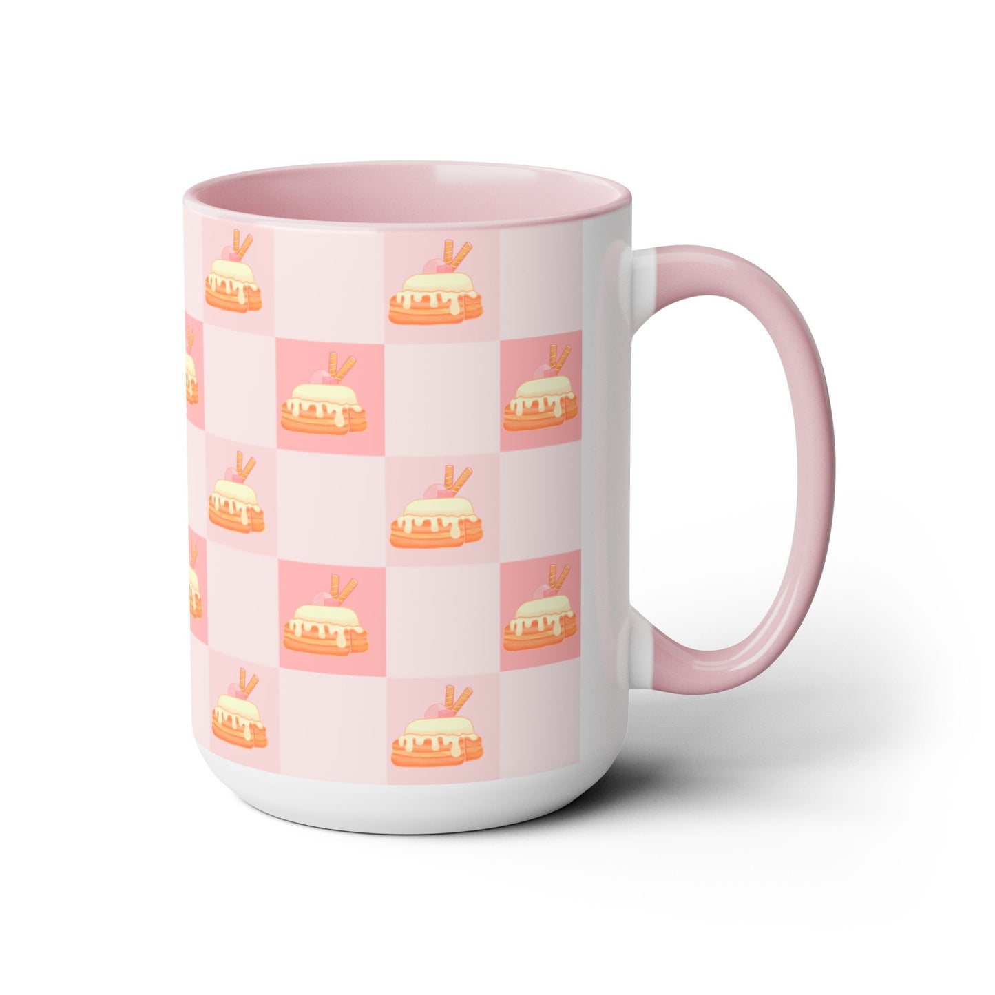 Cinnamon roll, strawberry, kawaii, picnic blanket pattern, cute, pink Two-Tone Coffee Mugs, Tea cups, 15oz