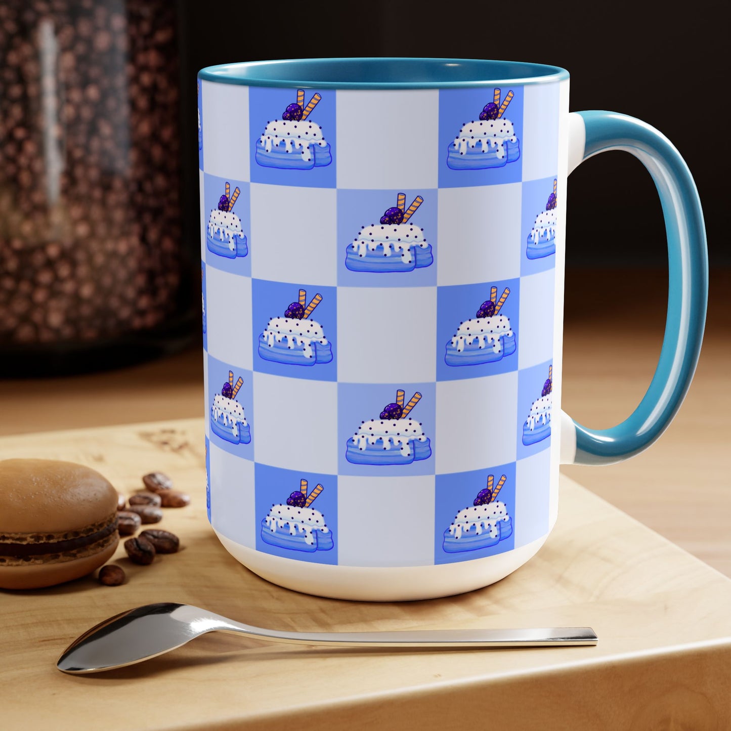 Cinnamon roll, Blueberry, kawaii, picnic blanket pattern, cute, blue Two-Tone Coffee Mugs, Tea cups, 15oz