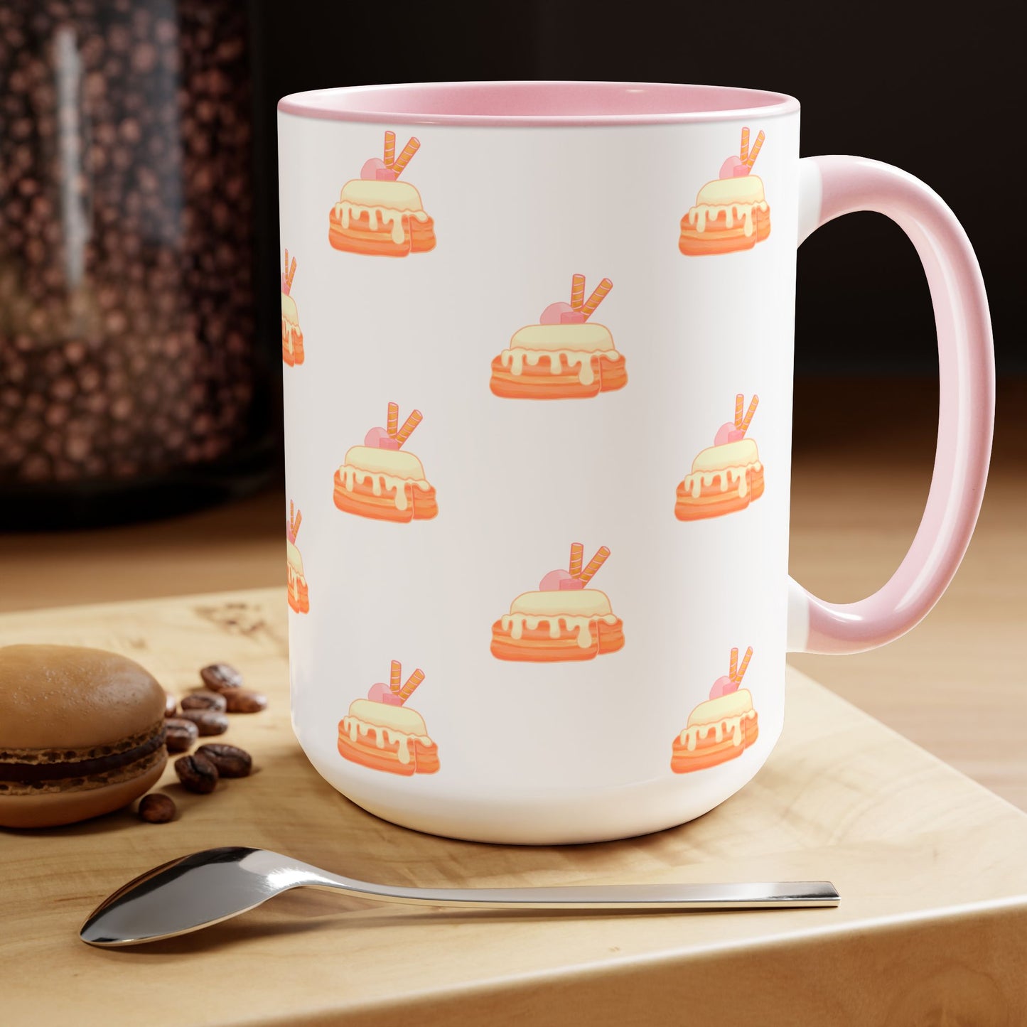 Cinnamon roll, strawberry, kawaii, cute, pink Two-Tone Coffee Mugs, Tea cups, 15oz